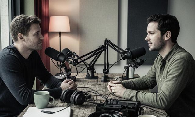Rotterdamse podcastmakers die een opname voorbereiden aan een houten tafel