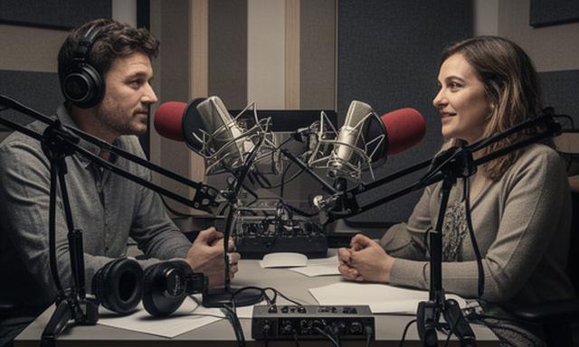 Twee podcastmakers aan microfoons in een compacte Rotterdamse studio