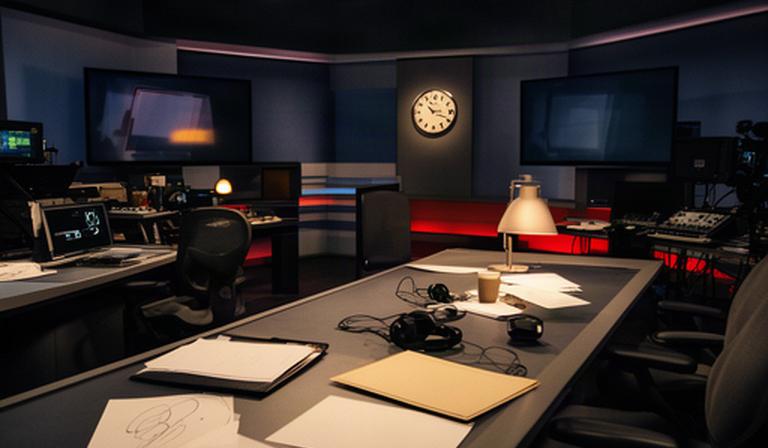 Lege talkshowredactie met verlichte bureaus, aantekeningen en een klok vlak voor de uitzending